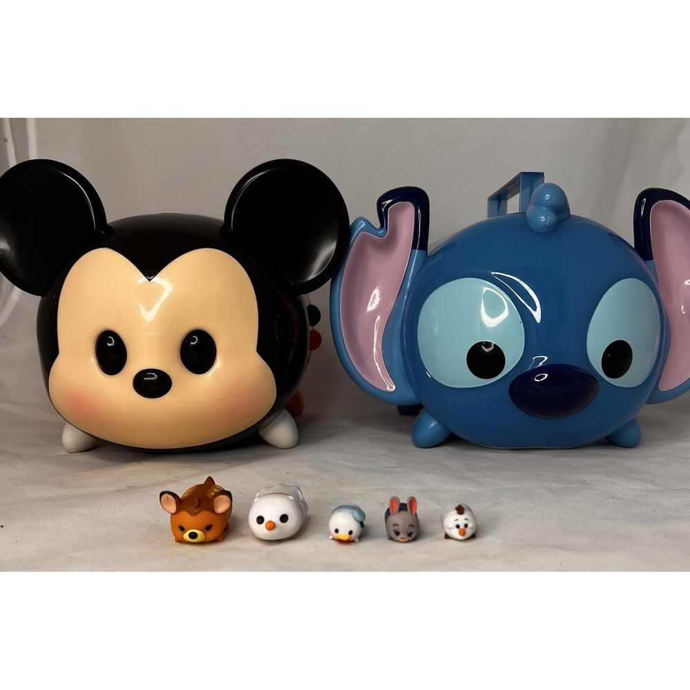 Disney Tsum Tsum Storage Containers Mickey Stitch + 5 Mini Figures Lot